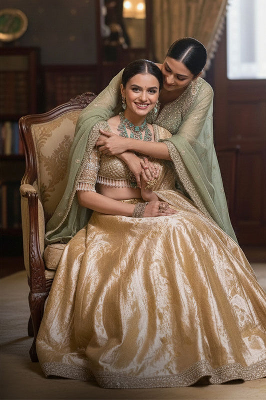 Two women in traditional attire sitting on a couch in a room with a mirror and window.