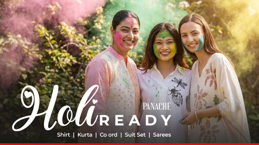 Three women with colorful faces standing outdoors, promoting Panache clothing brand for holi shopping..