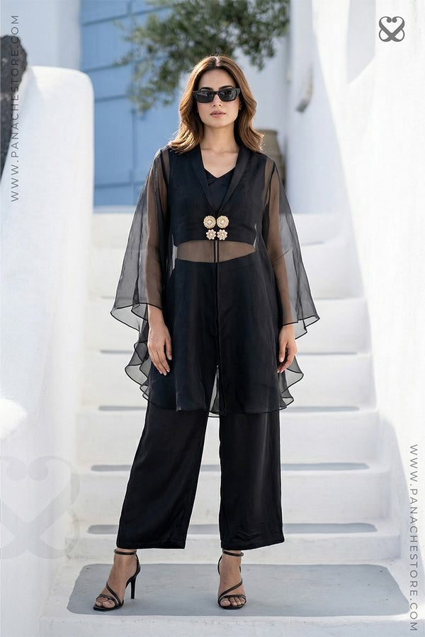 Black Party Wear 3-Piece Set with Organza Shrug