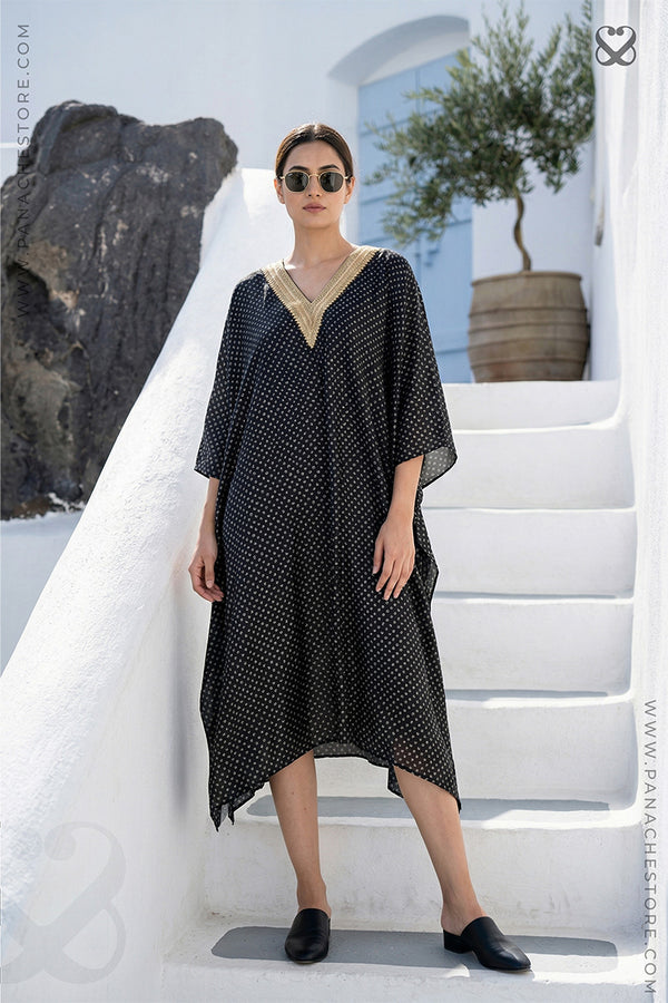 Black Satin Silk Kaftan with Bandhani Prints And Gold Zari Work