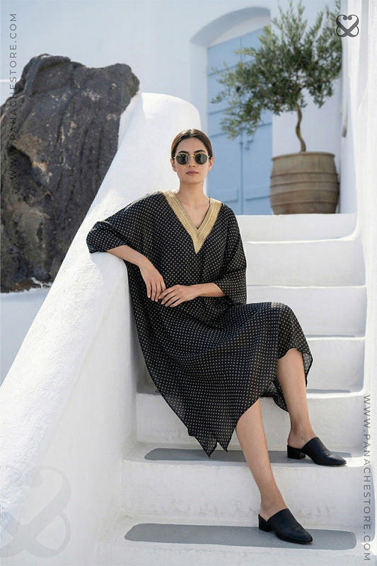 Black Satin Silk Kaftan with Bandhani Prints And Gold Zari Work