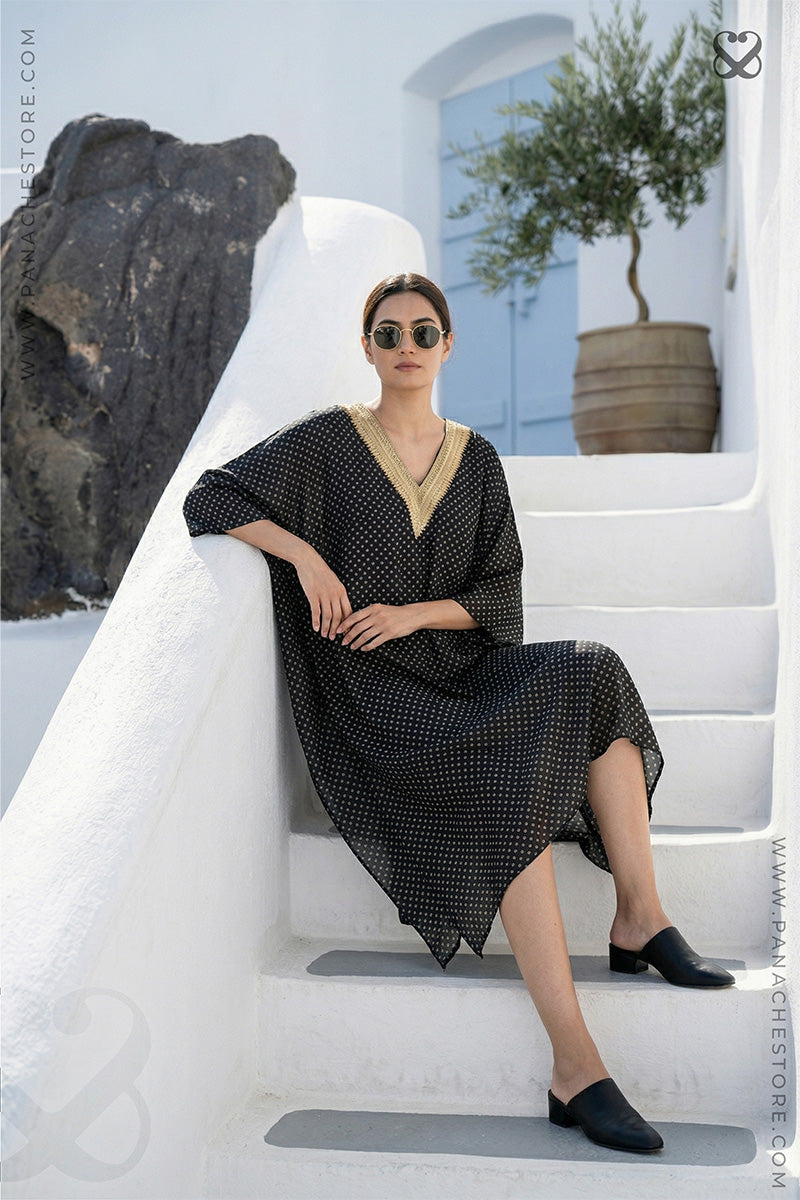 Black Satin Silk Kaftan with Bandhani Prints And Gold Zari Work