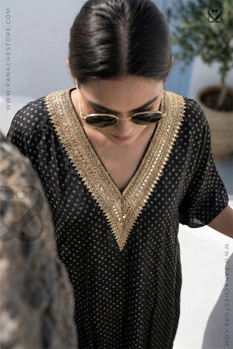 Black Satin Silk Kaftan with Bandhani Prints And Gold Zari Work