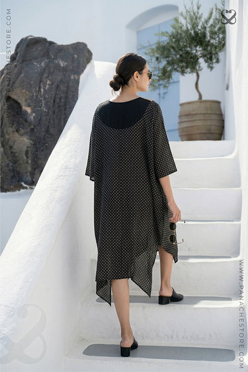 Black Satin Silk Kaftan with Bandhani Prints And Gold Zari Work