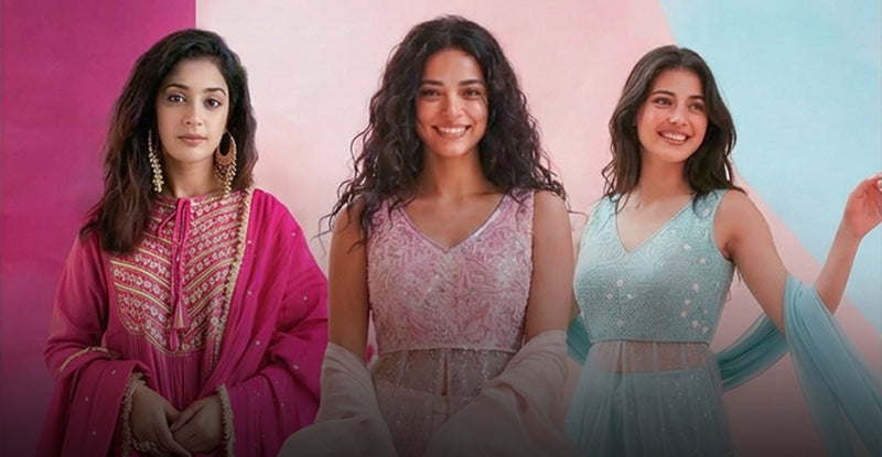 Three women in traditional outfits representing festive ready outfits