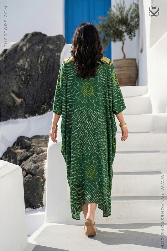 Green Kaftan in Bandhani Printed Silk with Gold Zari Weaves