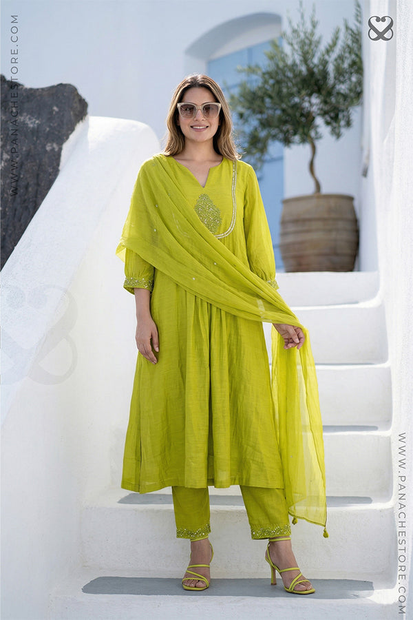 Lime Green Cotton Anarkali Salwar Suit Set with Dupatta