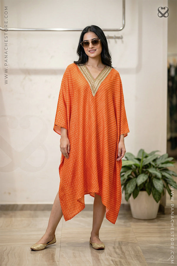 Orange Kaftan on Satin Silk Bandhej Print with Gold Zari Work