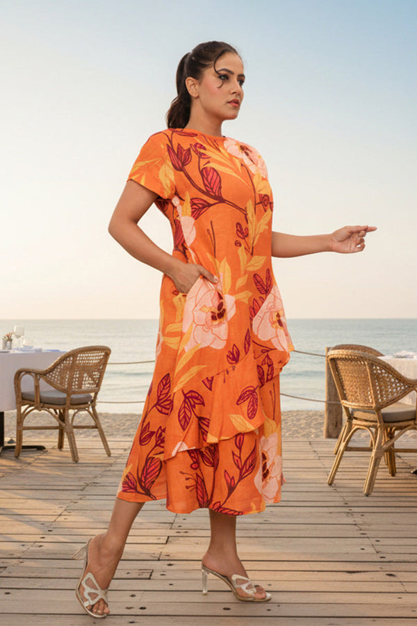 Flame Orange Dress With Floral Prints