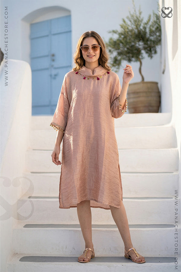 Peach Kaftan Kurti in Crushed Tissue Silk Fabric