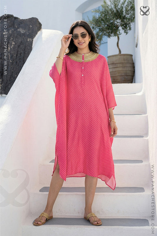 Pink Kaftan in Satin Silk Bandhej Prints with Gold Zari Neckline
