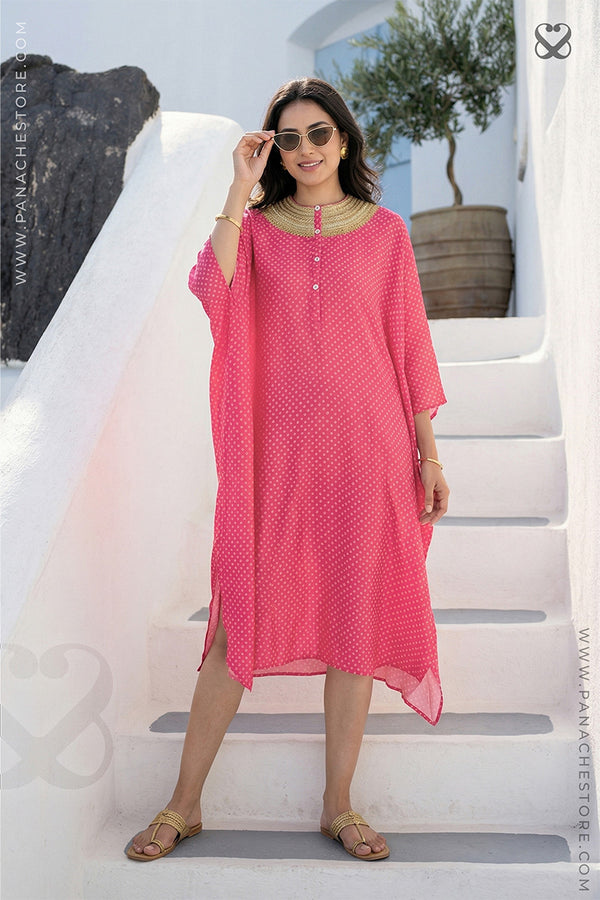 Pink Kaftan in Satin Silk Bandhej Prints with Gold Zari Neckline