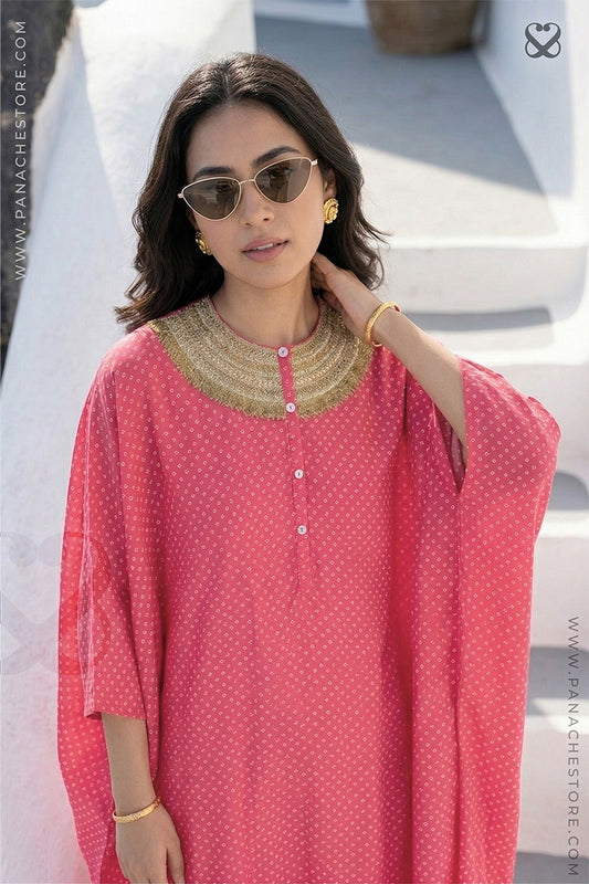 Pink Kaftan in Satin Silk Bandhej Prints with Gold Zari Neckline