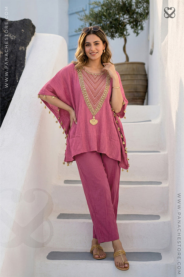 Pink Crushed Tissue Silk Kaftan Set with Gold Zari Embellishments