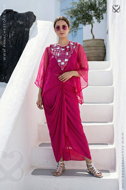 Magenta-Pink Indo-Western Party Dress with Camisole and Pleated Skirt