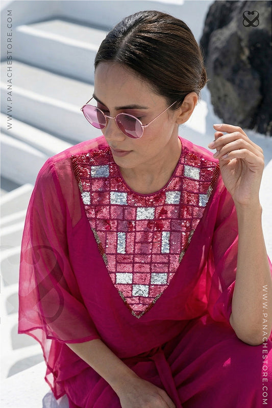 Magenta-Pink Indo-Western Party Dress with Camisole and Pleated Skirt