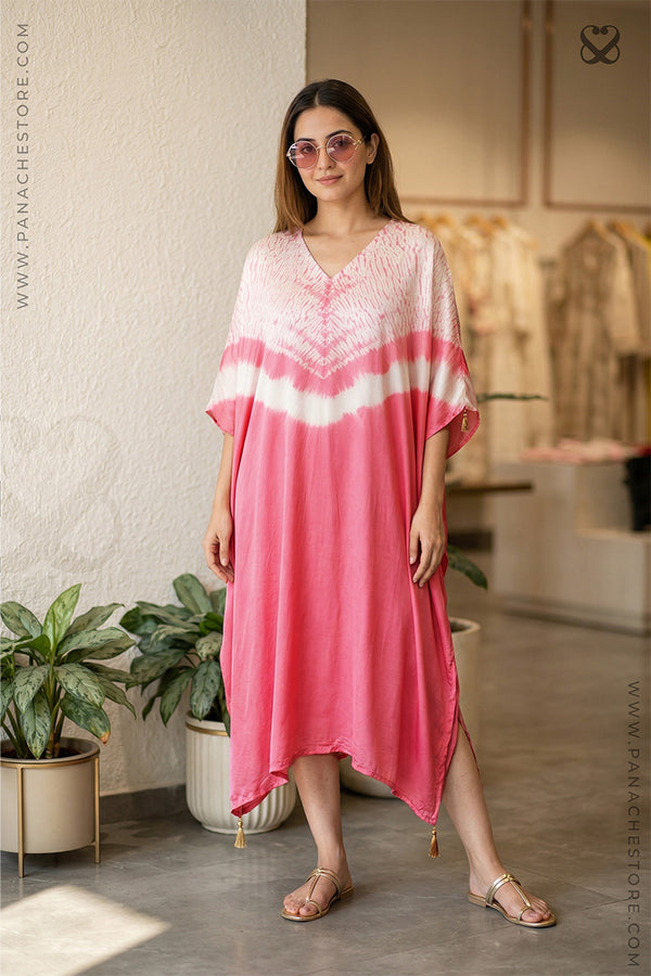 Pink Kaftan Dress on Satin Silk Tie-Dye Print