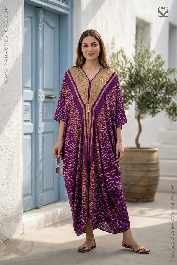 Purple Kaftan with Bandhani Print on Silk Base with Gold Zari Weave Detail