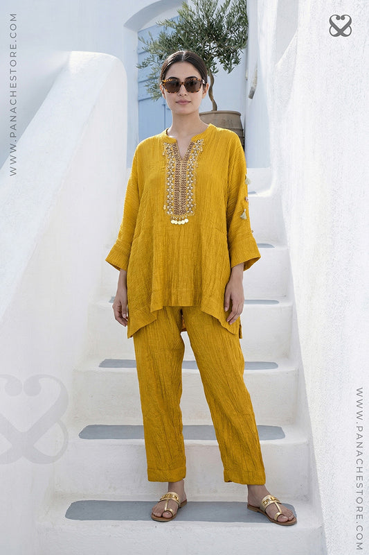 Mustard Yellow Top Pant Set In Crushed Tissue Silk Fabric