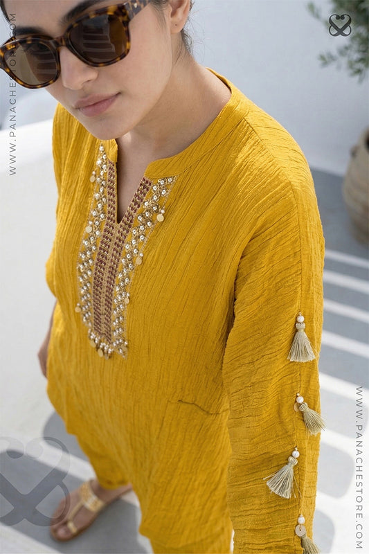 Mustard Yellow Top Pant Set In Crushed Tissue Silk Fabric