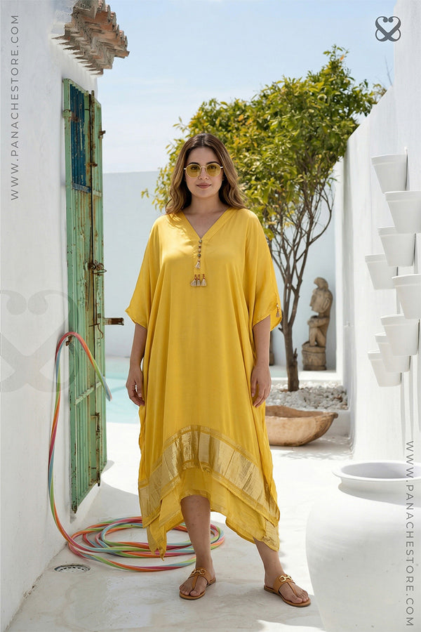 Yellow Kaftan on Satin Silk with Gold Zari Border