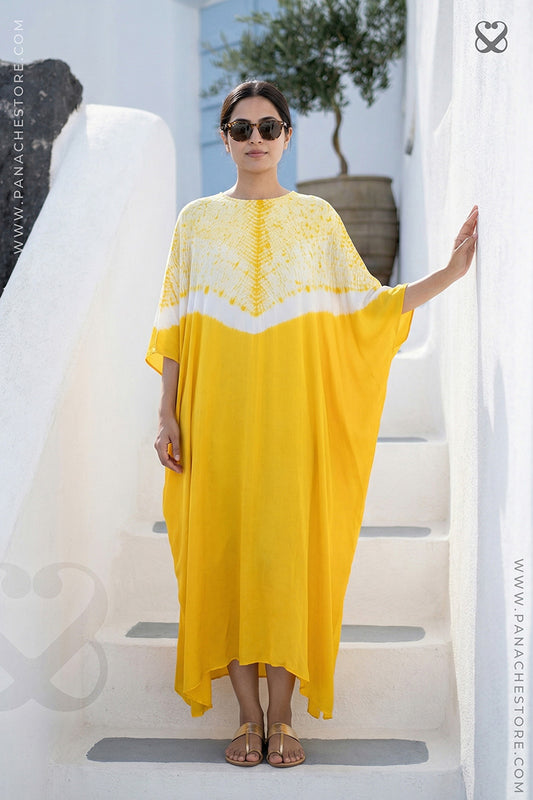 Yellow Kaftan Dress with Shibori Prints